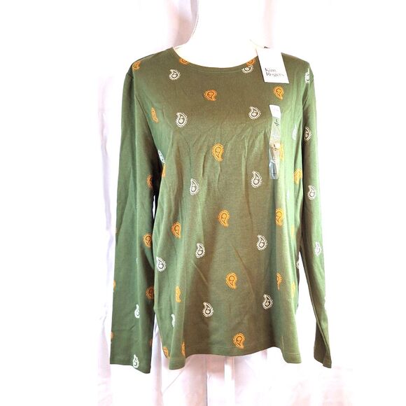 Kim Rogers Olive Green Top Paisley Size Large New With Tag - Picture 1 of 8